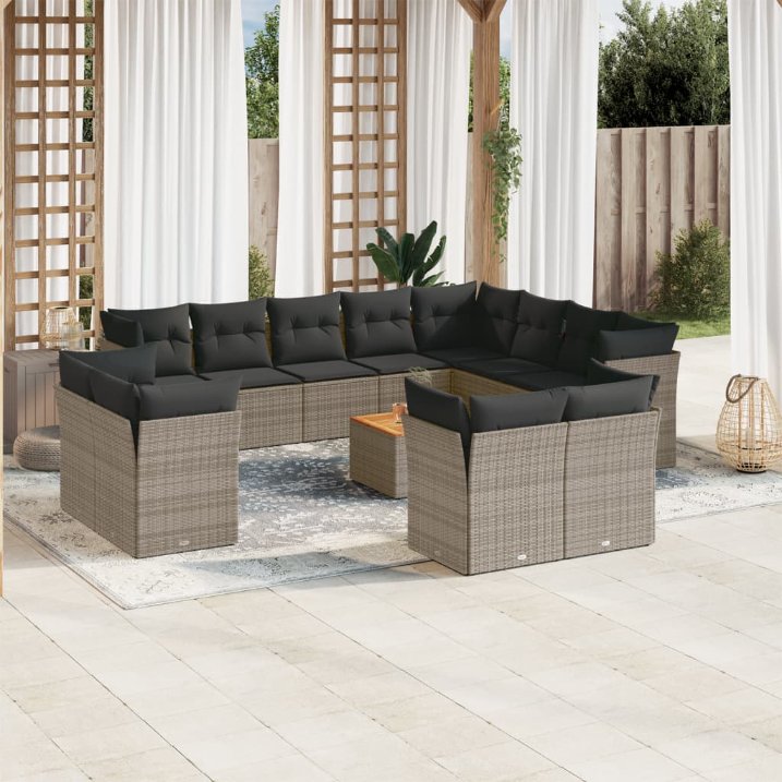 13-tlg. Garten-Sofagarnitur mit Kissen Schwarz Poly Rattan