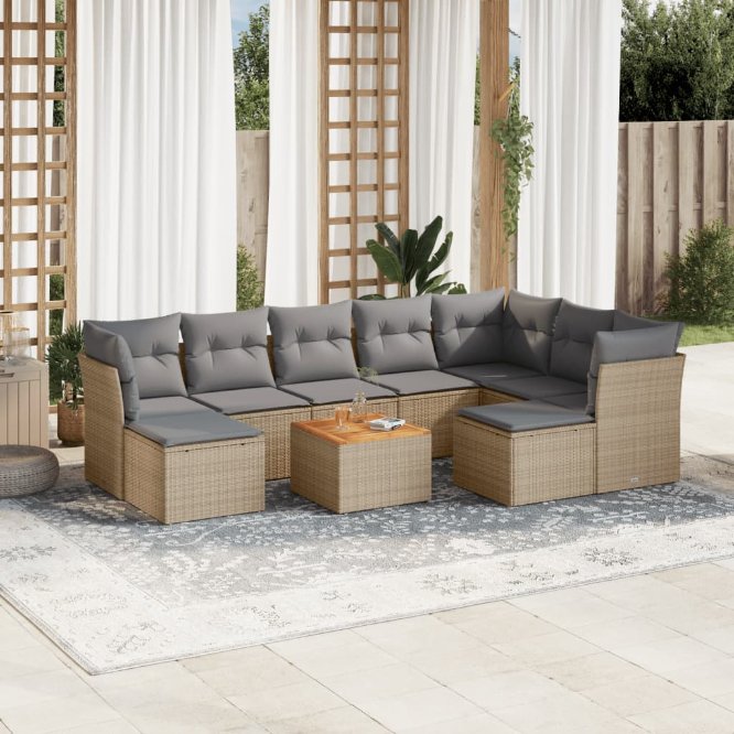 vidaXL 10-tlg. Garten-Sofagarnitur mit Kissen Schwarz Poly Rattan