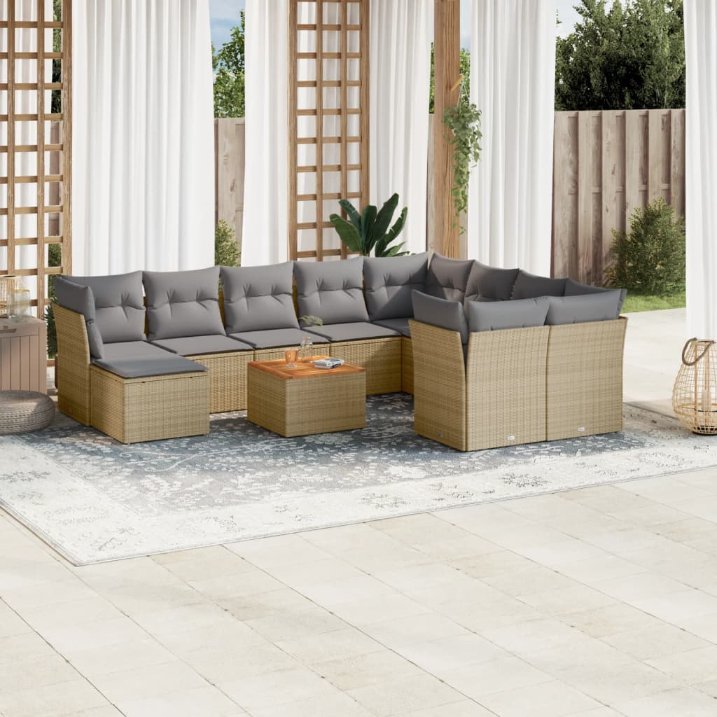 11-tlg. Garten-Sofagarnitur mit Kissen Schwarz Poly Rattan