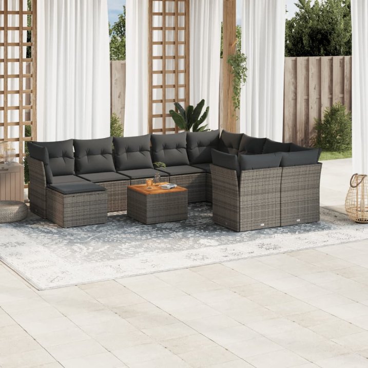 11-tlg. Garten-Sofagarnitur mit Kissen Schwarz Poly Rattan