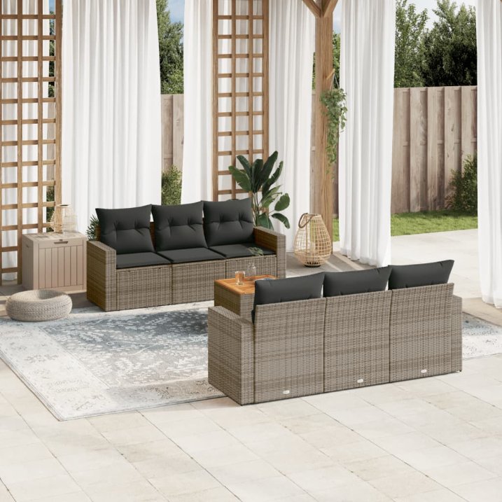 7-tlg. Garten-Sofagarnitur mit Kissen Schwarz Poly Rattan