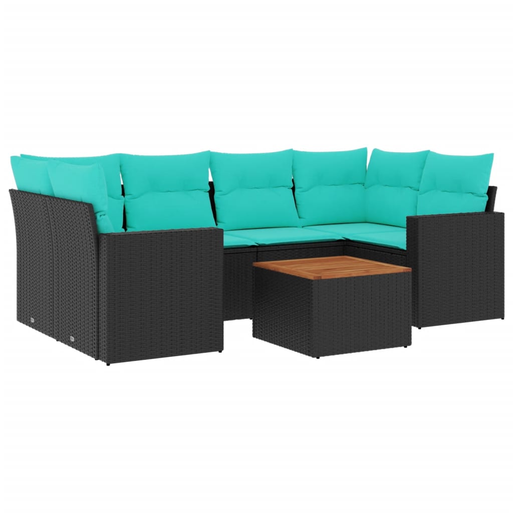 7-tlg. Garten-Sofagarnitur mit Kissen Schwarz Poly Rattan