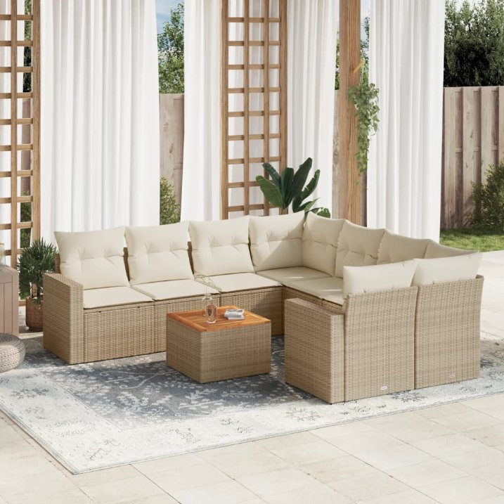 9-tlg. Garten-Sofagarnitur mit Kissen Schwarz Poly Rattan