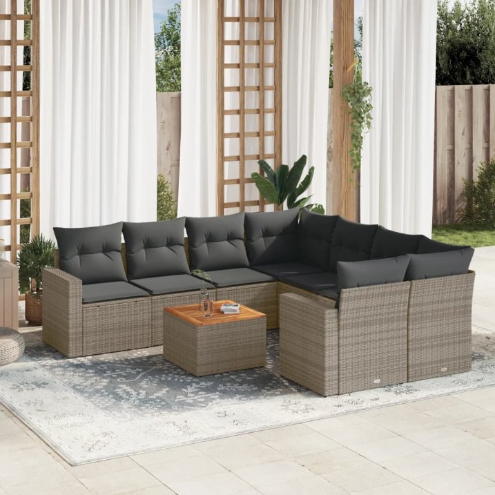 9-tlg. Garten-Sofagarnitur mit Kissen Schwarz Poly Rattan