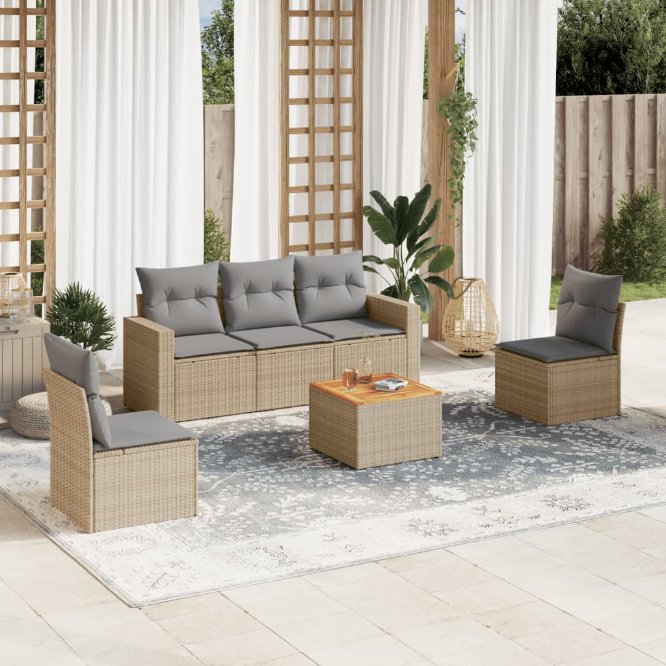 6-tlg. Garten-Sofagarnitur mit Kissen Schwarz Poly Rattan