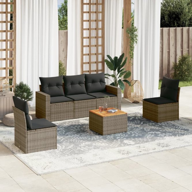 6-tlg. Garten-Sofagarnitur mit Kissen Schwarz Poly Rattan