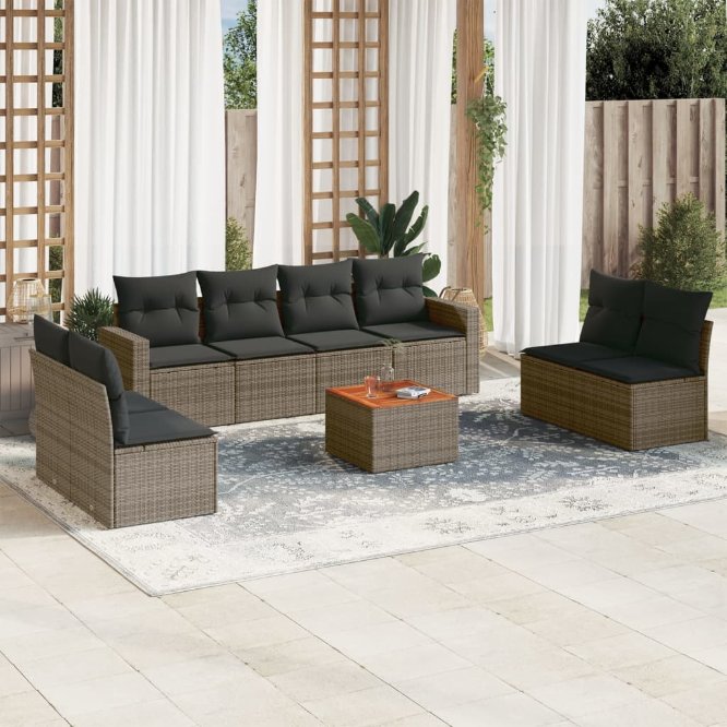 9-tlg. Garten-Sofagarnitur mit Kissen Schwarz Poly Rattan