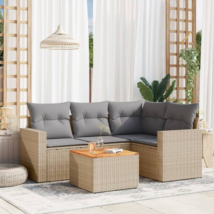 5-tlg. Garten-Sofagarnitur mit Kissen Schwarz Poly Rattan