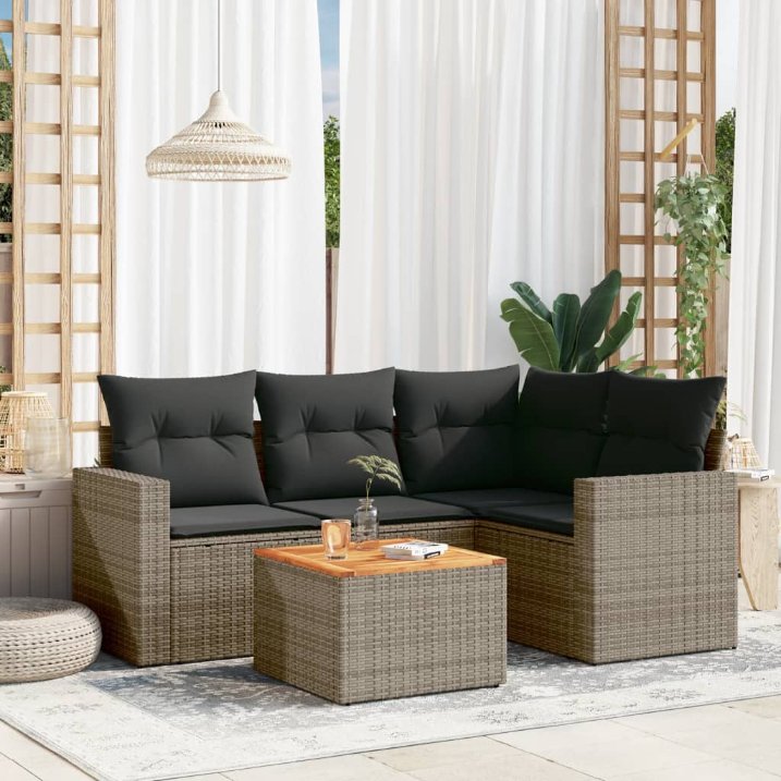 5-tlg. Garten-Sofagarnitur mit Kissen Schwarz Poly Rattan