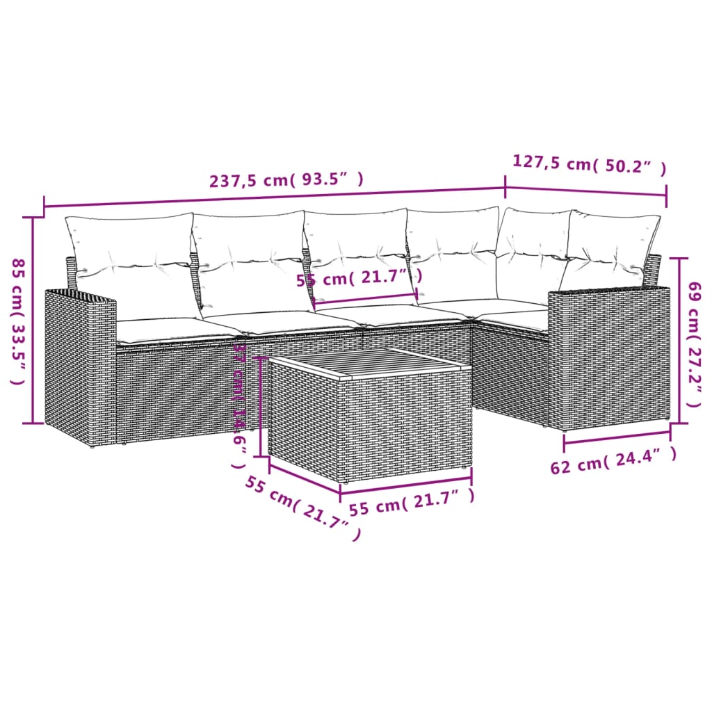 6-tlg. Garten-Sofagarnitur mit Kissen Schwarz Poly Rattan