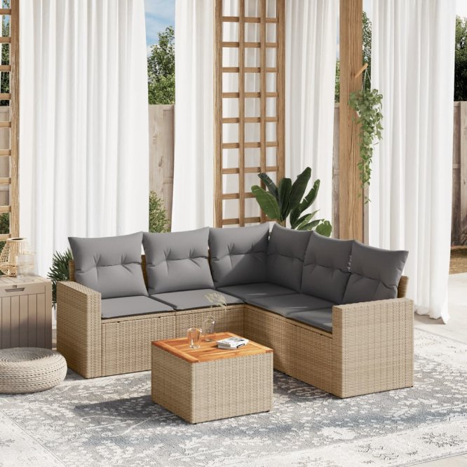 6-tlg. Garten-Sofagarnitur mit Kissen Schwarz Poly Rattan