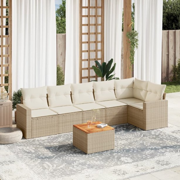 7-tlg. Garten-Sofagarnitur mit Kissen Schwarz Poly Rattan
