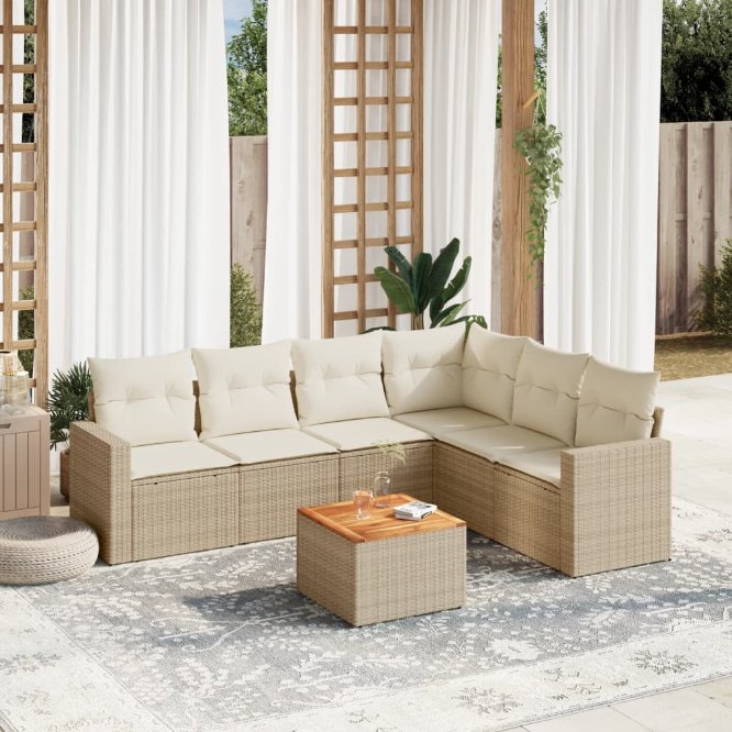7-tlg. Garten-Sofagarnitur mit Kissen Schwarz Poly Rattan