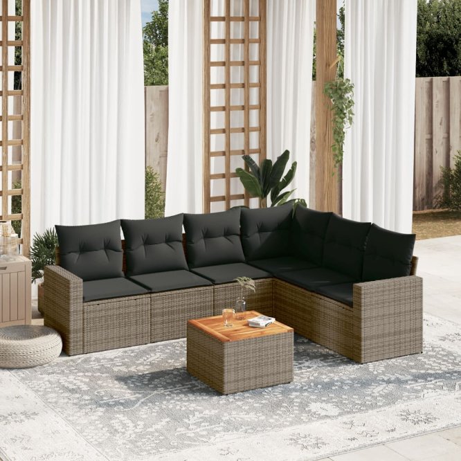 7-tlg. Garten-Sofagarnitur mit Kissen Schwarz Poly Rattan