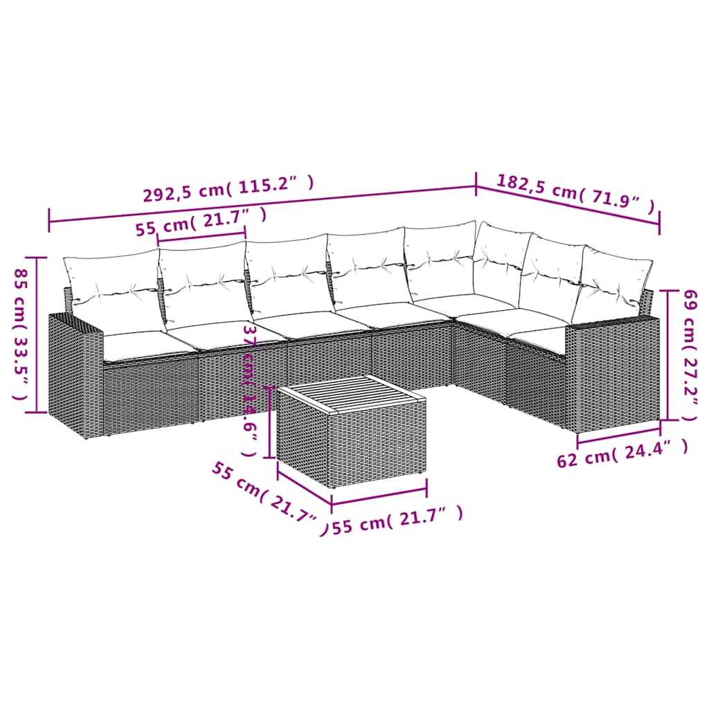 8-tlg. Garten-Sofagarnitur mit Kissen Grau Poly Rattan