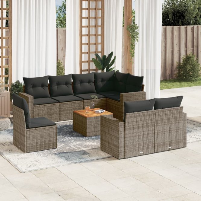 9-tlg. Garten-Sofagarnitur mit Kissen Schwarz Poly Rattan