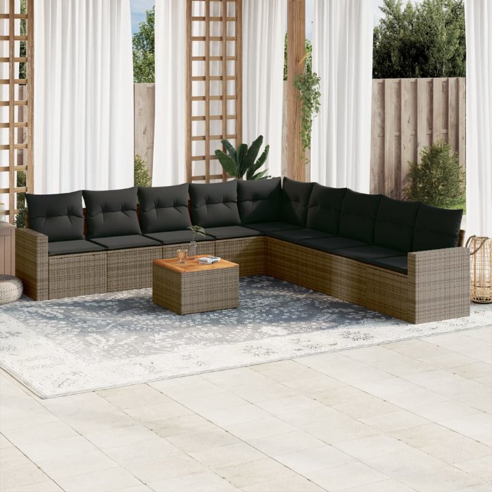 vidaXL 10-tlg. Garten-Sofagarnitur mit Kissen Schwarz Poly Rattan