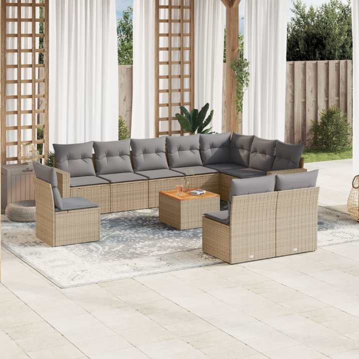 11-tlg. Garten-Sofagarnitur mit Kissen Schwarz Poly Rattan