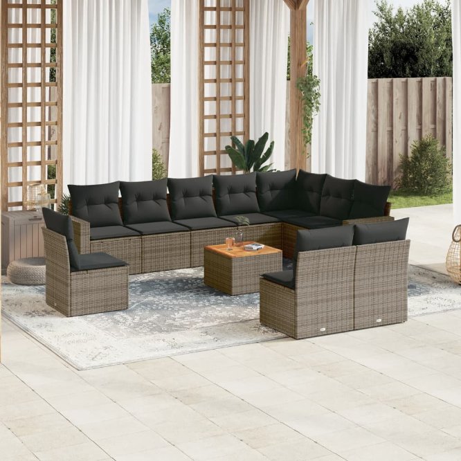 11-tlg. Garten-Sofagarnitur mit Kissen Schwarz Poly Rattan