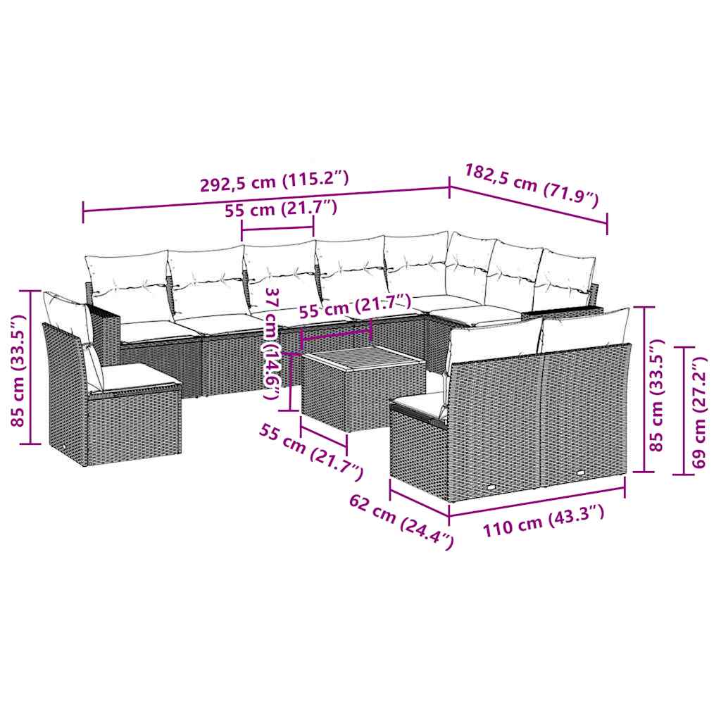 vidaXL 11-tlg. Garten-Sofagarnitur mit Kissen Grau Poly Rattan