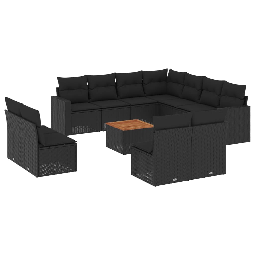 vidaXL 12-tlg. Garten-Sofagarnitur mit Kissen Schwarz Poly Rattan