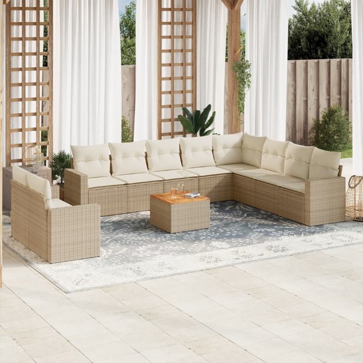 11-tlg. Garten-Sofagarnitur mit Kissen Schwarz Poly Rattan