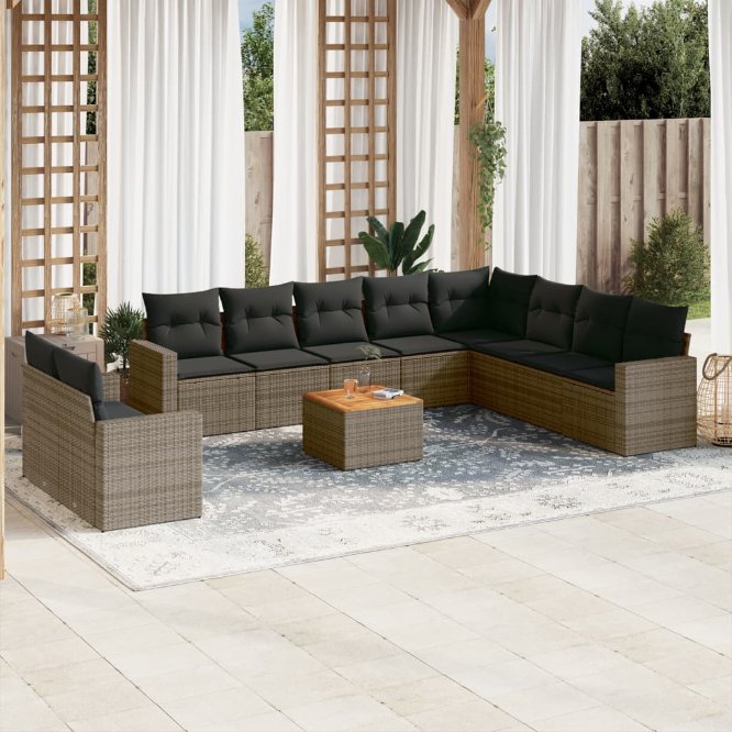 11-tlg. Garten-Sofagarnitur mit Kissen Schwarz Poly Rattan