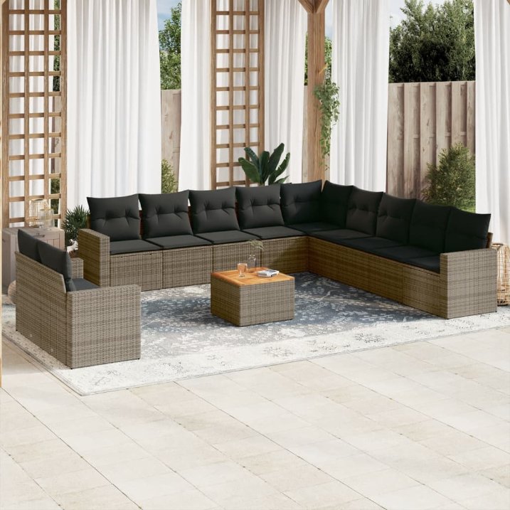 12-tlg. Garten-Sofagarnitur mit Kissen Schwarz Poly Rattan