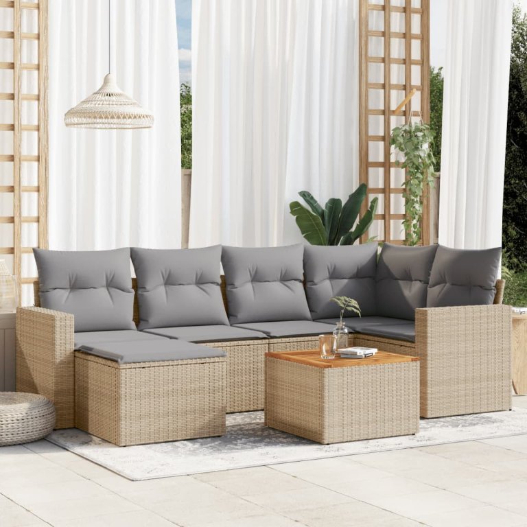 7-tlg. Garten-Sofagarnitur mit Kissen Schwarz Poly Rattan