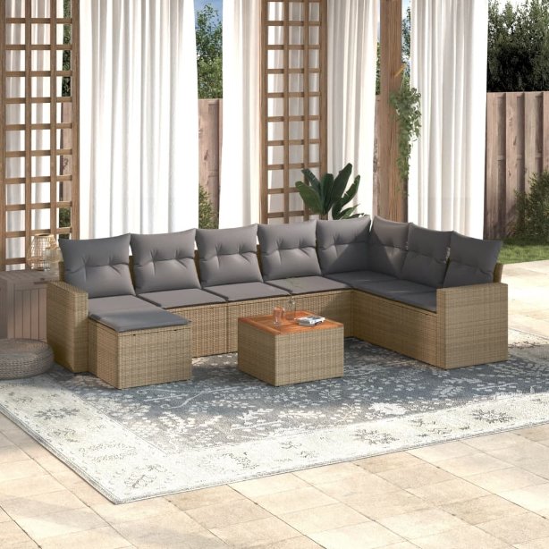 9-tlg. Garten-Sofagarnitur mit Kissen Schwarz Poly Rattan
