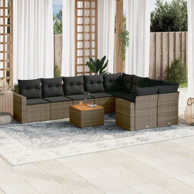 vidaXL 10-tlg. Garten-Sofagarnitur mit Kissen Schwarz Poly Rattan
