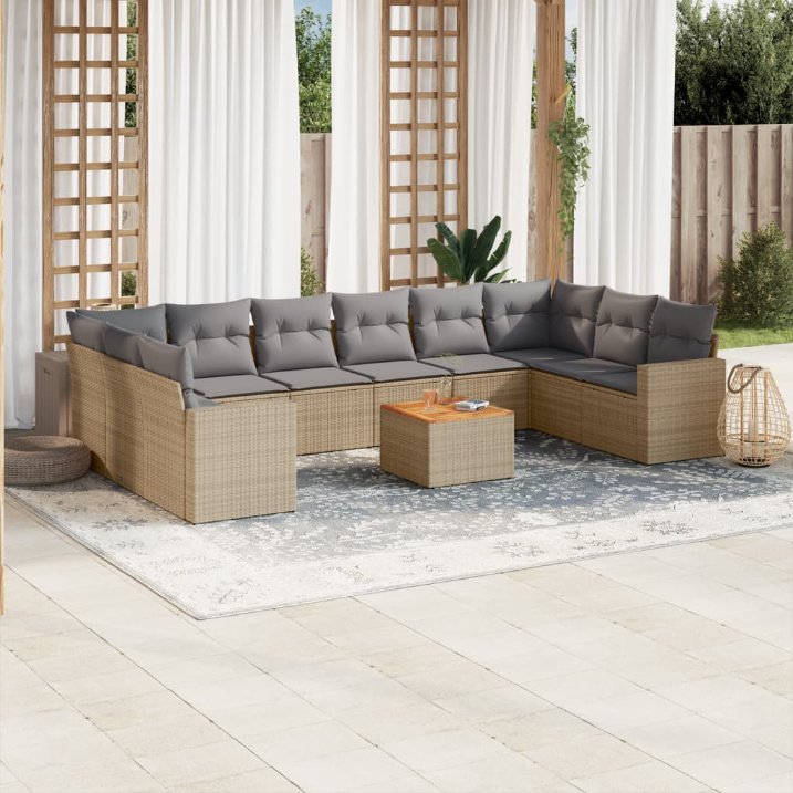 11-tlg. Garten-Sofagarnitur mit Kissen Schwarz Poly Rattan
