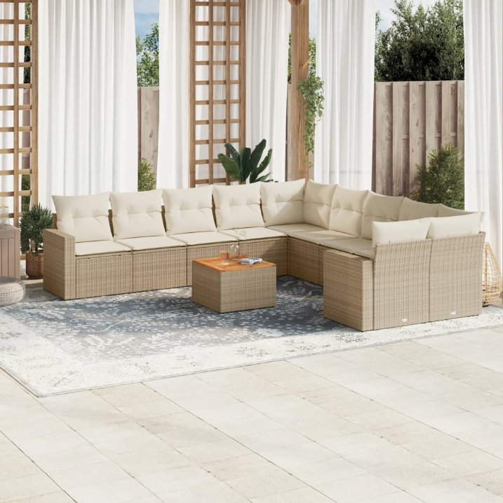 11-tlg. Garten-Sofagarnitur mit Kissen Schwarz Poly Rattan