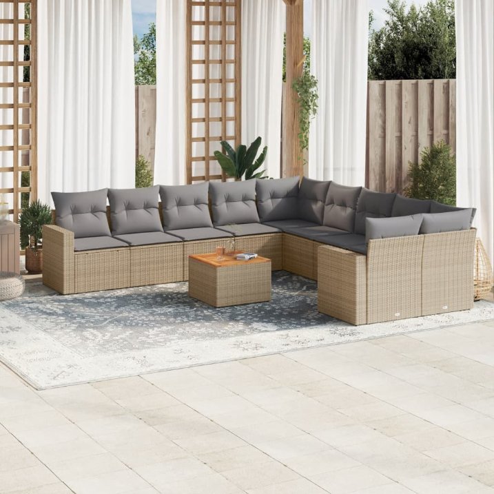 11-tlg. Garten-Sofagarnitur mit Kissen Schwarz Poly Rattan