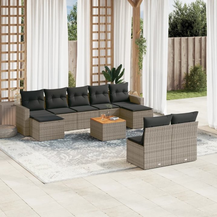 vidaXL 10-tlg. Garten-Sofagarnitur mit Kissen Schwarz Poly Rattan