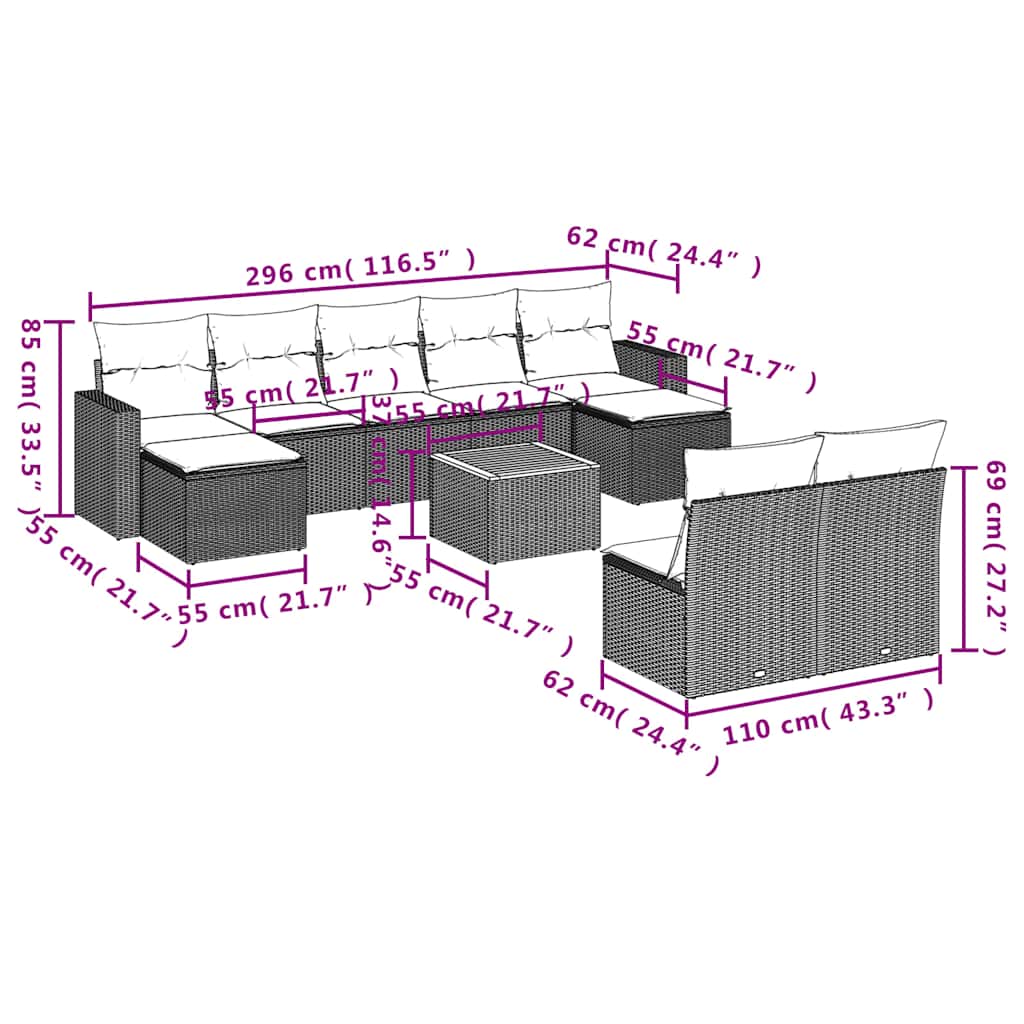vidaXL 10-teiliges Gartensofa-Set mit Kissen, grau, Polyrattan