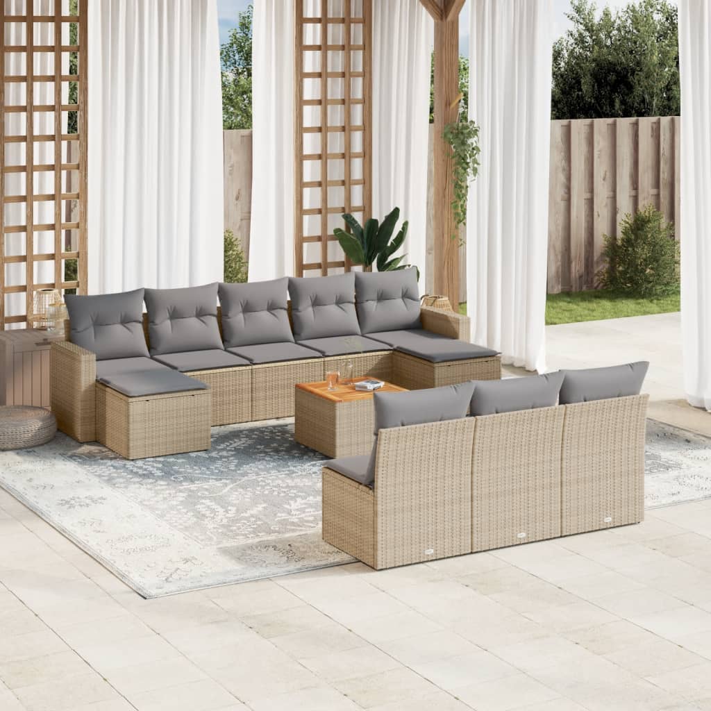 11-tlg. Garten-Sofagarnitur mit Kissen Schwarz Poly Rattan