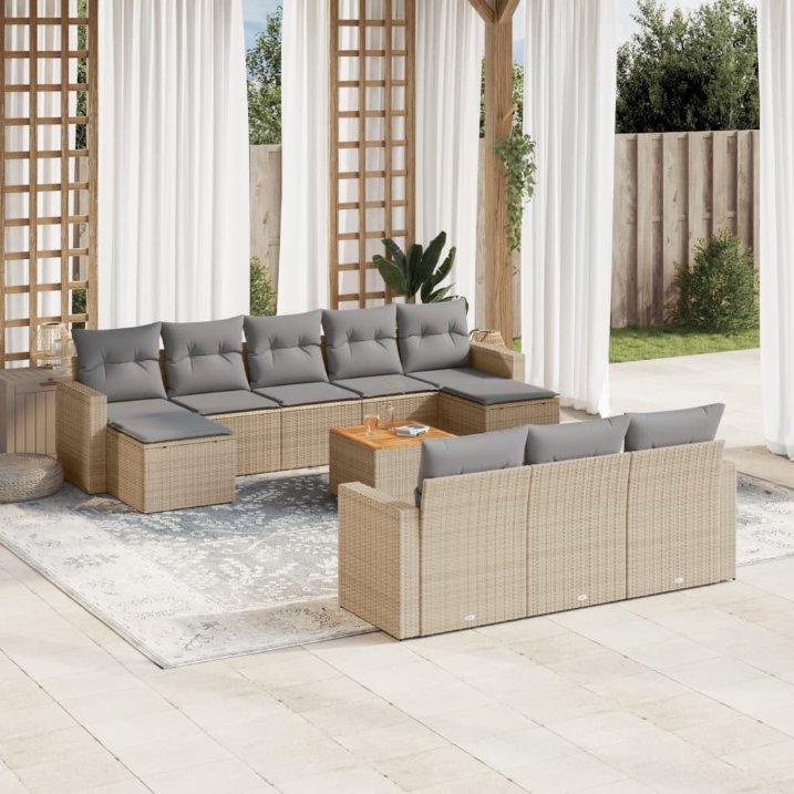 11-tlg. Garten-Sofagarnitur mit Kissen Schwarz Poly Rattan
