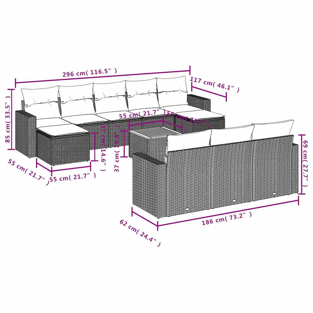 vidaXL 11-teiliges Gartensofa-Set mit Kissen, grau, Polyrattan