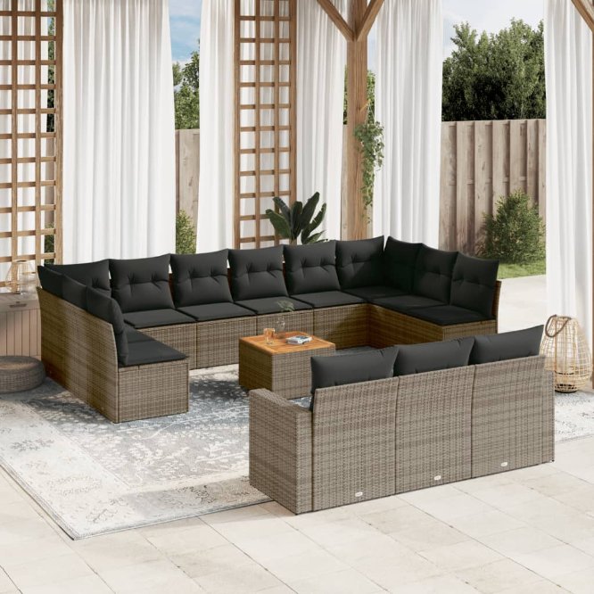 14-tlg. Garten-Sofagarnitur mit Kissen Schwarz Poly Rattan
