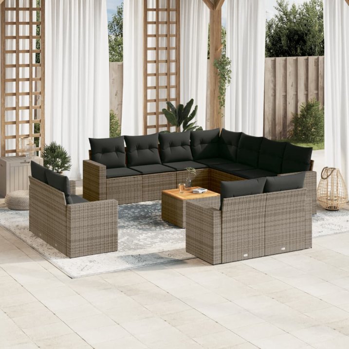 12-tlg. Garten-Sofagarnitur mit Kissen Schwarz Poly Rattan