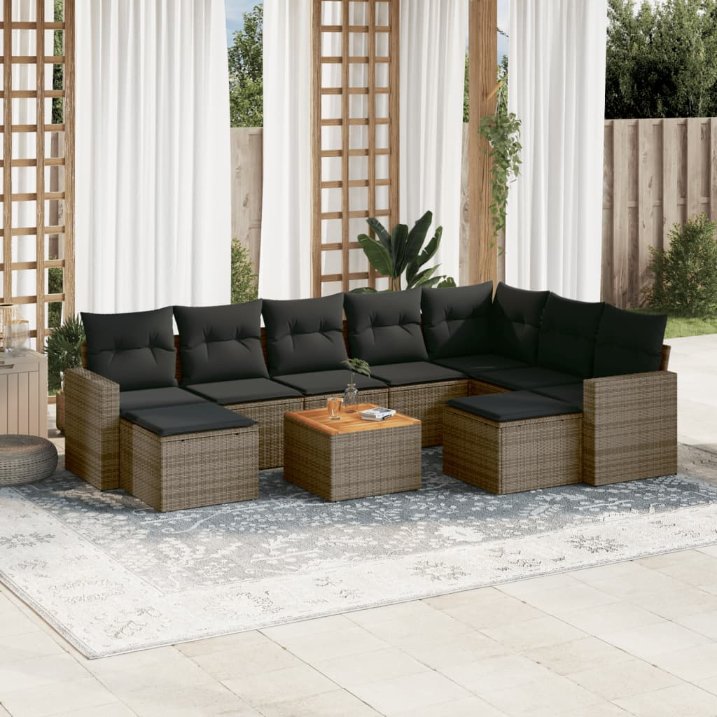 vidaXL 10-tlg. Garten-Sofagarnitur mit Kissen Schwarz Poly Rattan