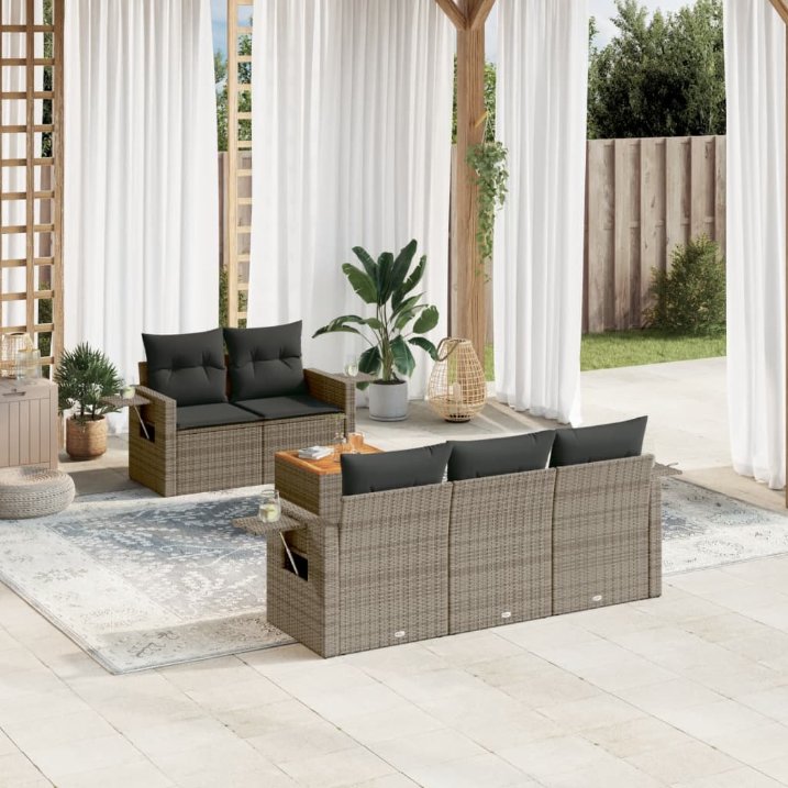 6-tlg. Garten-Sofagarnitur mit Kissen Schwarz Poly Rattan