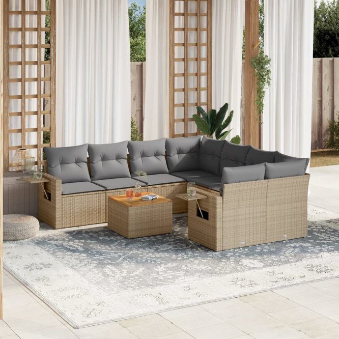 9-tlg. Garten-Sofagarnitur mit Kissen Schwarz Poly Rattan
