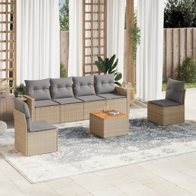 7-tlg. Garten-Sofagarnitur mit Kissen Schwarz Poly Rattan