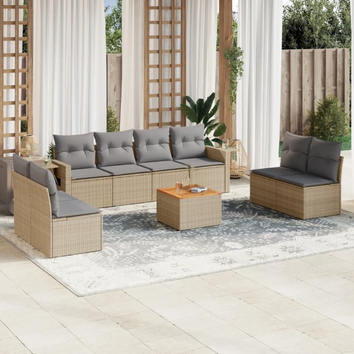 9-tlg. Garten-Sofagarnitur mit Kissen Schwarz Poly Rattan