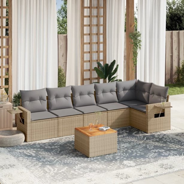 7-tlg. Garten-Sofagarnitur mit Kissen Schwarz Poly Rattan