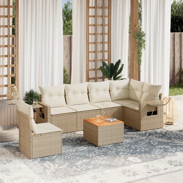 7-tlg. Garten-Sofagarnitur mit Kissen Schwarz Poly Rattan