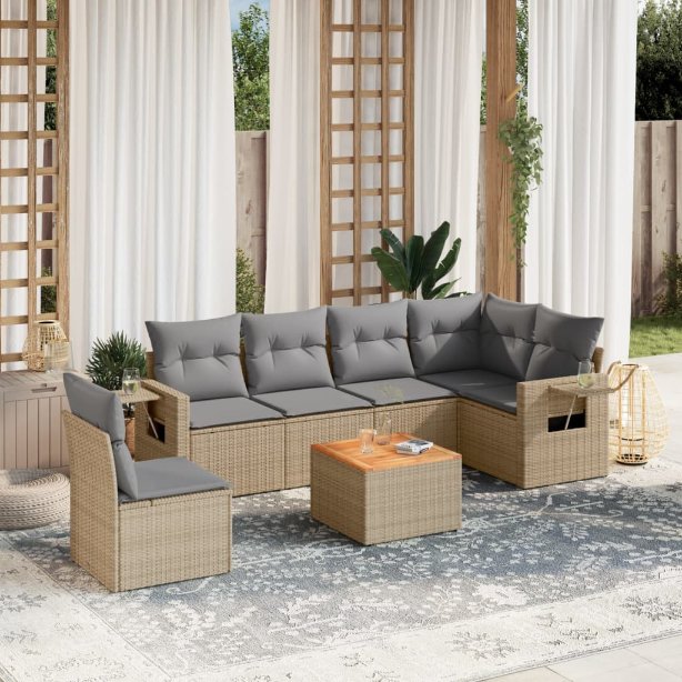 7-tlg. Garten-Sofagarnitur mit Kissen Schwarz Poly Rattan