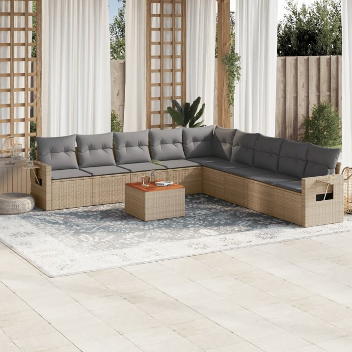 vidaXL 10-tlg. Garten-Sofagarnitur mit Kissen Schwarz Poly Rattan